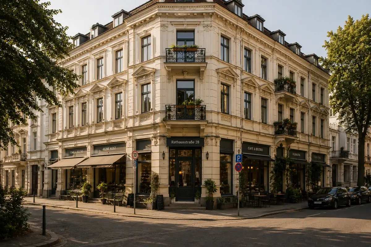 A mixed residential and commercial building with shops