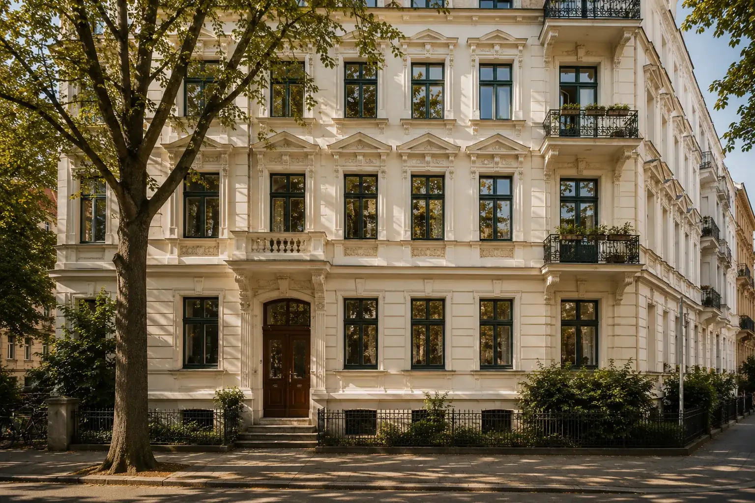 Helle Gründerzeitfassade an einer Straßenecke, davor ein Baum