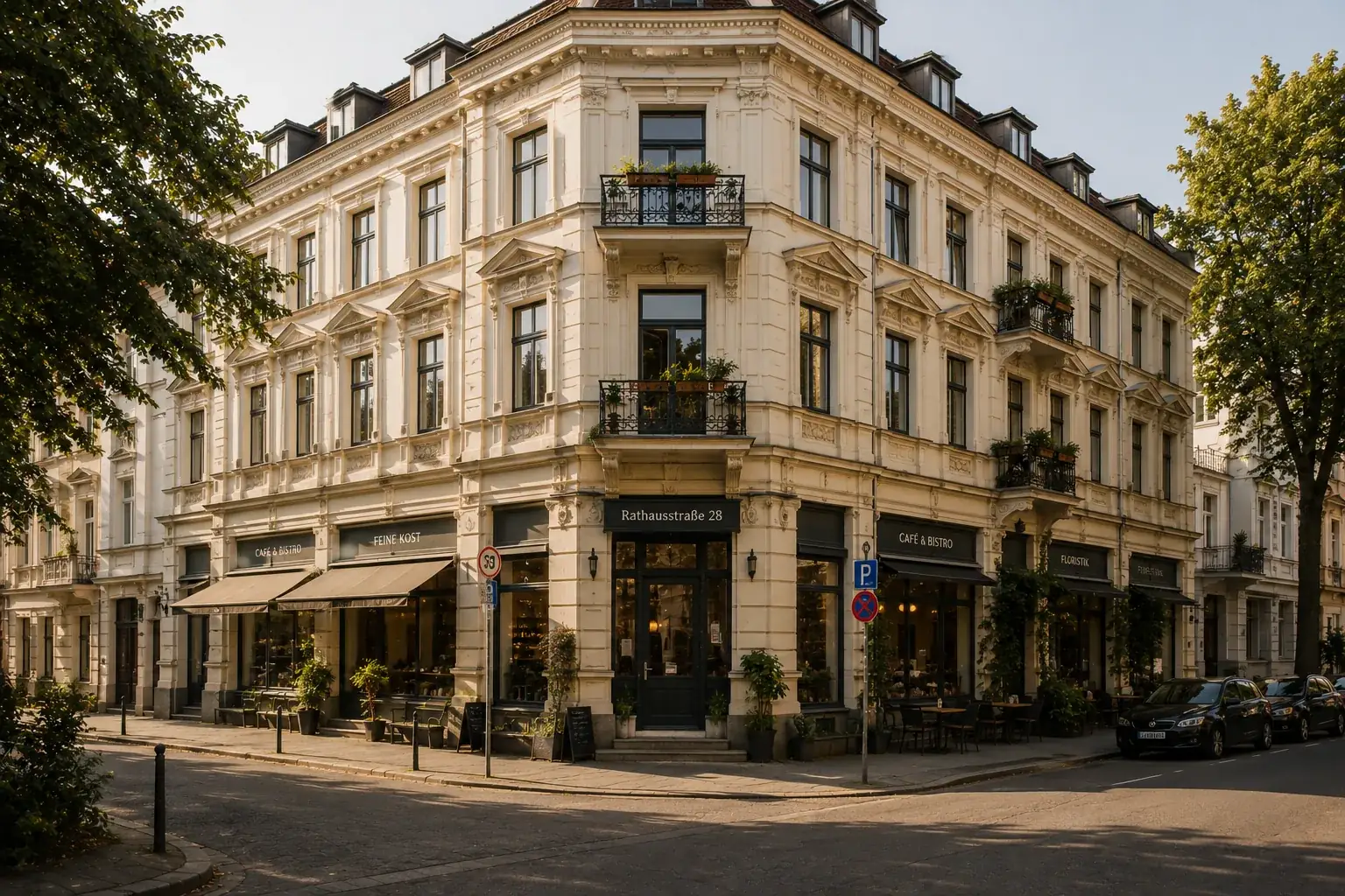 Eckhaus aus der Gründerzeit an einer ruhigen Straßenecke, im Erdgeschoss ein Café und ein Blumenladen
