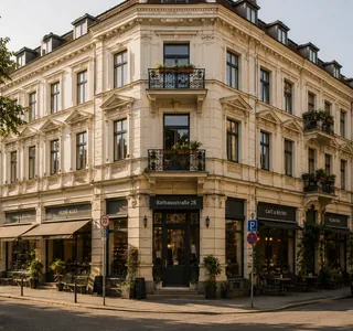 Wohn- und Geschäftshaus, Eckhaus mit Ladenzeile