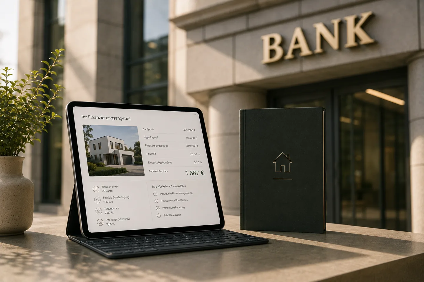 A financing offer on a tablet in front of a bank