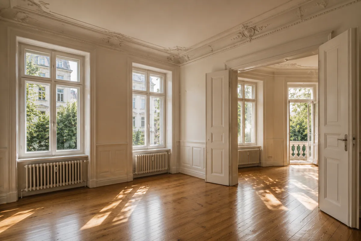 An empty period room with stucco and floorboards