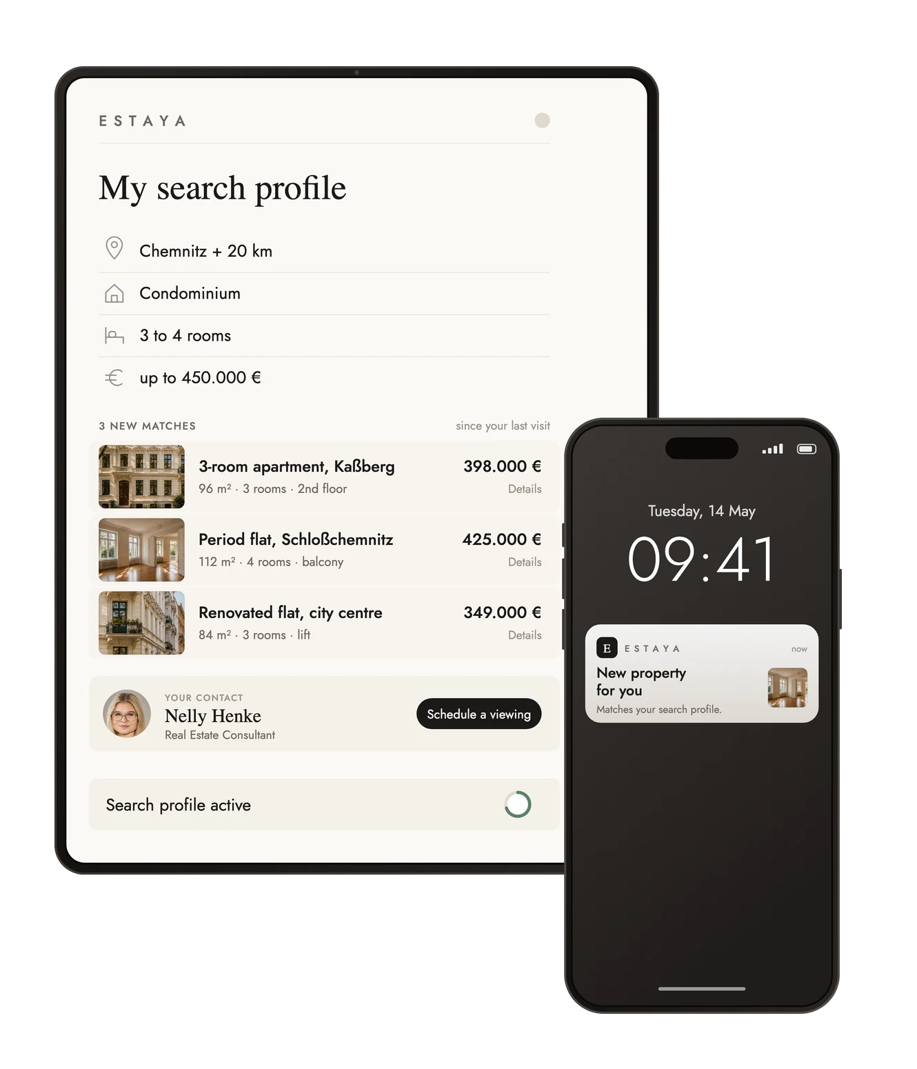 A tablet and a smartphone side by side, the tablet showing the ESTAYA search profile with criteria and matches, the smartphone showing a notification about a new property