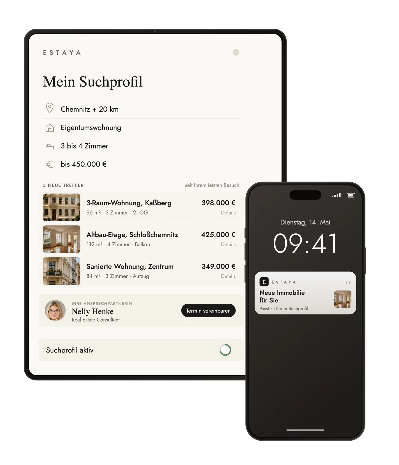 Tablet und Smartphone nebeneinander, auf dem Tablet das ESTAYA Suchprofil mit Kriterien und Treffern, auf dem Smartphone eine Mitteilung über eine neue Immobilie