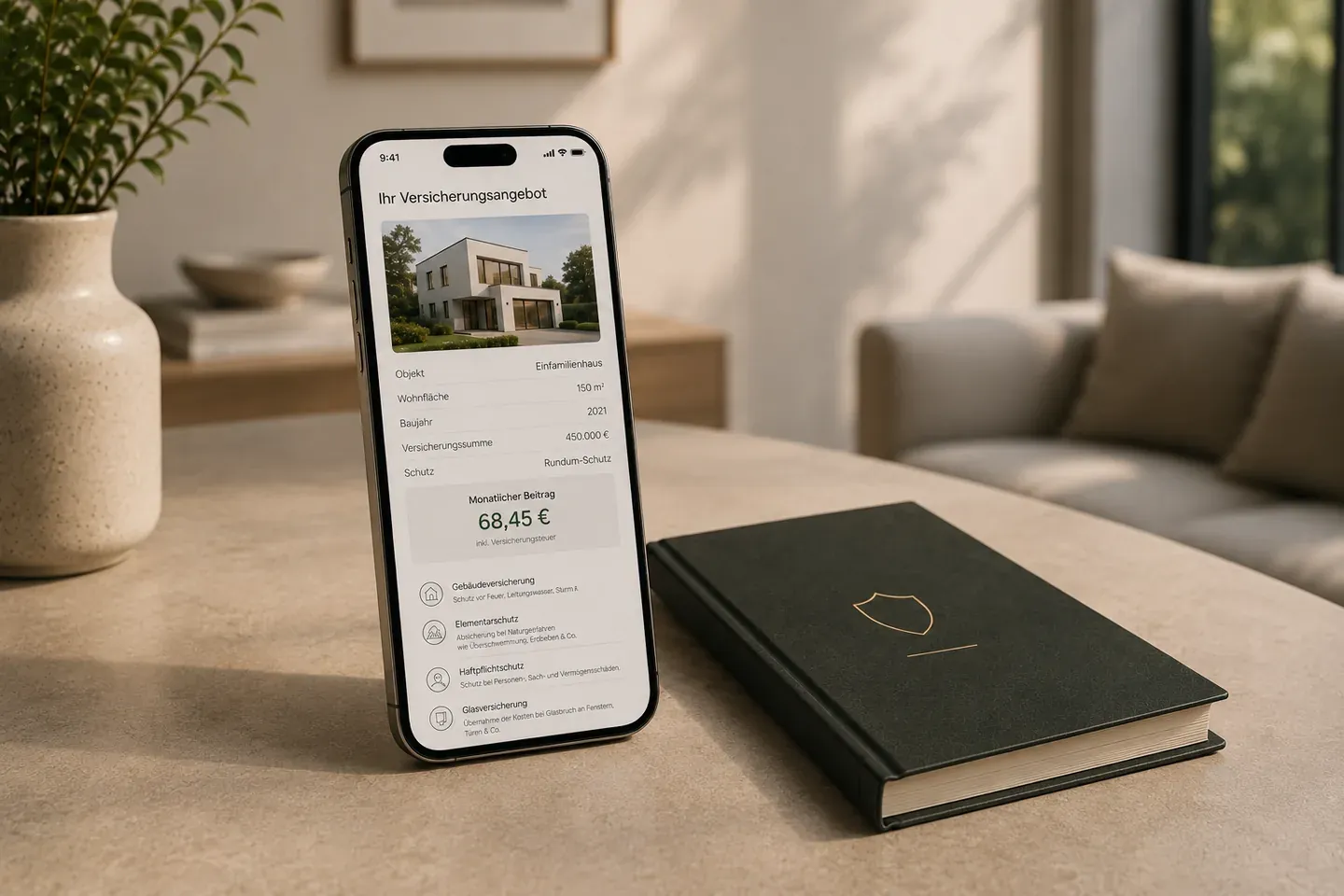 An insurance offer on a smartphone in a living room